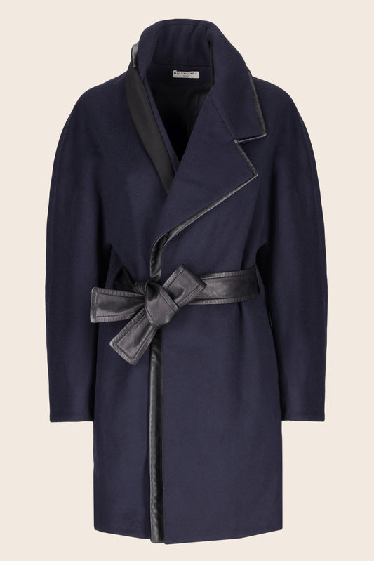 Coat with Leather Details and Belt